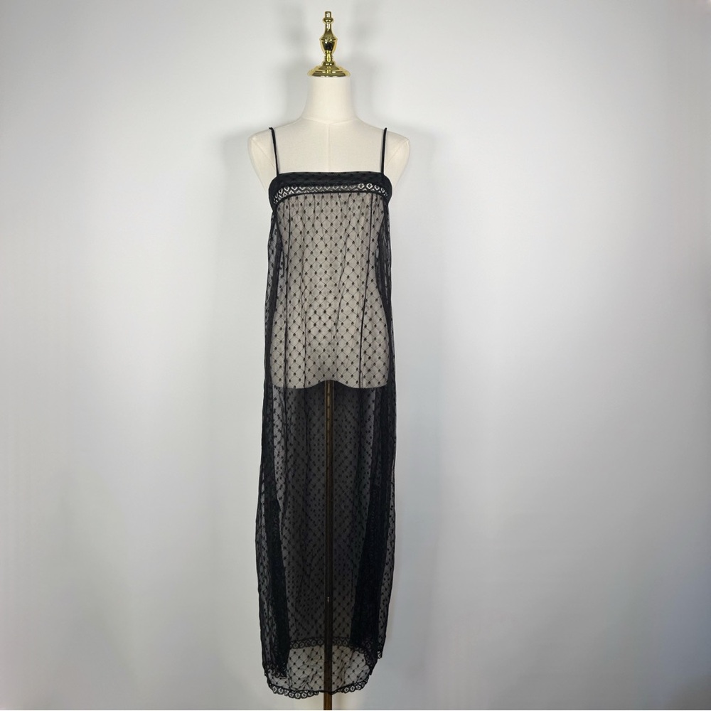 Vintage Sears Sheer Babydoll Mesh Slip Dress Embroidered Dotted Small